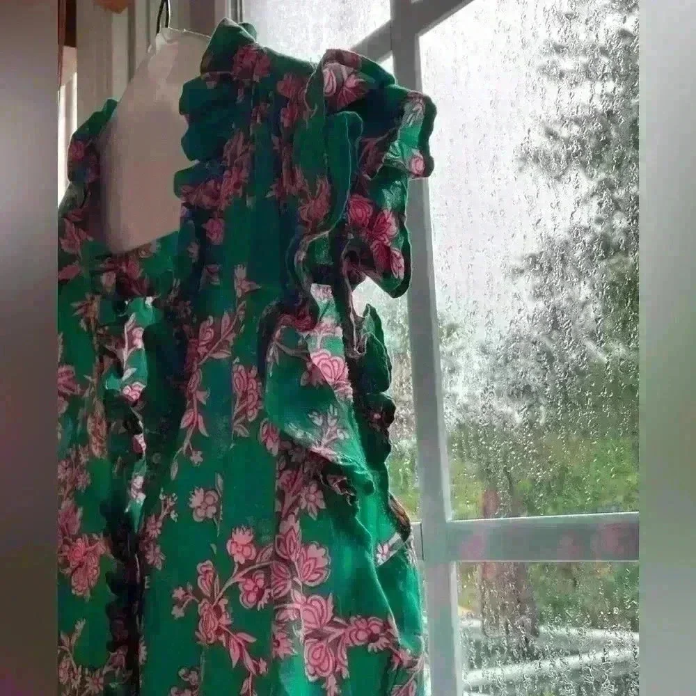 JCREW XS Sleeveless Ruffle Pink Green Top